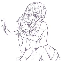 Rule 34 | 10s, 2girls, :3, :d, aftersex, blanket, breasts, cellphone, convenient arm, convenient censoring, fiodo, greyscale, hair between eyes, holding, holding hands, holding phone, hoshizora rin, interlocked fingers, koizumi hanayo, large breasts, love live!, love live! school idol project, medium breasts, monochrome, multiple girls, no nipples, one eye closed, open mouth, phone, selfie, short hair, simple background, sitting, smartphone, smile, sweat, taking picture, wavy mouth, white background, yuri