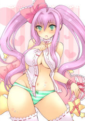 Rule 34 | 1girl, blush, bow, breasts, cleavage, green eyes, green hair, large breasts, matching hair/eyes, panties, pink hair, pocopoco, ribbon, solo, star (symbol), striped clothes, striped panties, thighhighs, twintails, underwear, wide hips