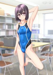 Rule 34 | 1girl, absurdres, arm behind head, armpits, barefoot, black hair, breasts, chair, clothes writing, commentary request, competition swimsuit, covered navel, feet out of frame, glasses, highres, indoors, library, multicolored clothes, multicolored swimsuit, one-piece swimsuit, original, presenting armpit, red eyes, short hair, small breasts, solo, standing, standing on one leg, suitcase, swimsuit, table, takafumi