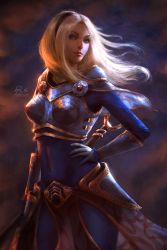 Rule 34 | 1girl, armor, armored skirt, artist name, backlighting, blonde hair, blue eyes, bodystocking, bracer, breastplate, breasts, covered navel, cowboy shot, dark background, gloves, hairband, hand on own hip, highres, league of legends, lips, long hair, looking at viewer, looking to the side, lux (league of legends), nose, raikoart, realistic, signature, solo