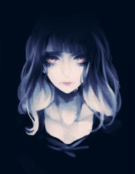 Rule 34 | 1girl, bad id, bad pixiv id, black background, blue hair, dark, light particles, looking at viewer, muted color, original, portrait, purple eyes, realistic, sidelocks, simple background, solo, yumepon