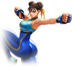 Rule 34 | 1girl, armpits, ass, bare shoulders, blue bodysuit, blue footwear, blue unitard, bodysuit, bodysuit under clothes, breasts, brown eyes, brown hair, capcom, chinese clothes, chun-li, colored eyelashes, crop top, double bun, fighting stance, fingerless gloves, gloves, hair bun, hair ribbon, large breasts, looking at viewer, official art, ribbon, shoes, short hair, skin tight, sleeveless, smile, sneakers, street fighter, street fighter v, street fighter zero (series), studded bracelet, the king of fighters, the king of fighters all-stars, thighs, transparent background, unitard