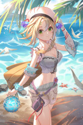 Rule 34 | 1girl, absurdres, al guang, atelier (series), atelier firis, bare shoulders, beach, belt, belt pouch, bird, blonde hair, blush, braid, breasts, cleavage, closed mouth, collarbone, cowboy shot, crop top, day, elbow gloves, firis mistlud, gloves, gradient hair, green eyes, grey shorts, hat, hat ornament, highres, holding, long hair, looking at viewer, multicolored hair, navel, ocean, outdoors, photoshop (medium), pouch, scrunchie, short shorts, shorts, side braid, single glove, smile, solo, water, white gloves, white hair, white hat, wrist scrunchie