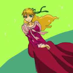 Rule 34 | 1girl, blonde hair, breasts, claire bennett, dress, green background, green eyes, long hair, lowres, ribbon, smile, tales of (series), tales of rebirth