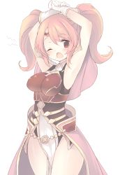 Rule 34 | 1girl, armor, armpits, bad id, bad pixiv id, blush, breastplate, cape, circlet, cowboy shot, fire emblem, fire emblem echoes: shadows of valentia, gloves, long hair, mae (fire emblem), nintendo, open mouth, pink hair, red eyes, simple background, smile, solo, standing, teu (navy), tiara, twintails, white background