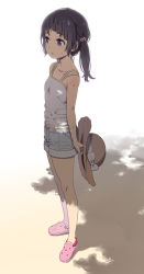 Rule 34 | 1girl, breasts, brown eyes, brown hair, crocs, denim, denim shorts, full body, gradient background, hair ornament, hat, unworn hat, unworn headwear, holding, holding clothes, holding hat, mattaku mousuke, original, revision, shade, shorts, small breasts, solo, standing, sun hat, sweat, tank top, tree shade, twintails
