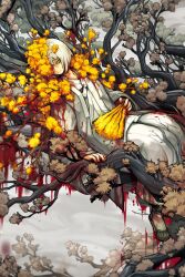 Rule 34 | 1girl, bleeding, blood, blood on clothes, blood on face, blood on hands, bob cut, branch, coat, dongbaek (project moon), e.g.o (project moon), flaw eight, flower, hanbok, hand fan, highres, holding, holding fan, in tree, korean clothes, leaf, limbus company, one eye covered, overcoat, petals, project moon, sandals, sitting, sitting in tree, solo, tree, white hair, white hanbok, yellow eyes