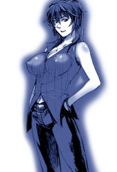 Rule 34 | 1girl, atlus, bare shoulders, blue theme, breasts, covered erect nipples, hands in pockets, huge breasts, impossible clothes, impossible shirt, jewelry, large breasts, lowres, monochrome, nagi raiun, necklace, aged up, pants, persona, persona 4, shirogane naoto, shirt, sleeveless, solo