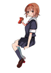 Rule 34 | 1girl, blush, brown eyes, brown hair, food, hairband, kantai collection, loafers, looking at viewer, mouth hold, neckerchief, pocky, shiratsuyu (kancolle), shoes, short hair, skirt, smile, solo, tori (minamopa), touhou