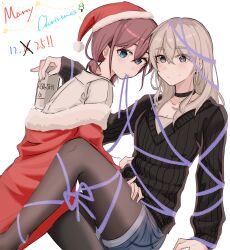 2girls beer_can black_choker black_sweater blue_eyes blue_shorts blush can chinese_commentary choker christmas closed_mouth commentary_request dated drink_can girls_band_cry grey_eyes grey_hair hand_on_another&#039;s_thigh hand_on_another&#039;s_waist hat highres holding holding_can iseri_nina jacket kawaragi_momoka long_sleeves looking_at_viewer merry_christmas mouth_hold multiple_girls pantyhose pantyhose_under_shorts pealerprpr red_hair red_jacket ribbon ribbon_in_mouth santa_costume santa_hat shirt short_twintails shorts simple_background sweatdrop sweater twintails white_background white_shirt yuri