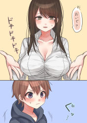 Rule 34 | 1boy, 1girl, :|, absurdres, age difference, aged down, blue background, blue eyes, blue hoodie, blush, breasts, brown hair, child, cleavage, closed mouth, collarbone, collared shirt, commentary request, frown, green eyes, hair between eyes, highres, hood, hoodie, large breasts, long hair, mole, mole on breast, original, outstretched hand, shirt, sweatdrop, swept bangs, translation request, white shirt, yellow background, yuuki mero