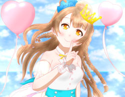 Rule 34 | 1girl, arm garter, artist name, artist request, balloon, bare shoulders, blue scrunchie, blue sky, blush, bow, braid, breasts, brown eyes, brown hair, cleavage, cloud, collarbone, crown, day, dress, female focus, finger to mouth, floating hair, grey hair, hair ornament, hair scrunchie, heart balloon, light brown hair, long hair, looking at viewer, love live!, love live! school idol project, minami kotori, miniskirt, outdoors, parted lips, pink balloon, plaid, plaid dress, plaid skirt, pleated, pleated dress, pleated skirt, ribbon, scrunchie, skirt, sky, small breasts, smile, solo, twin braids, white dress, white skirt, white wrist cuffs, wing collar, wrist cuffs, yellow bow, yellow eyes, yellow ribbon