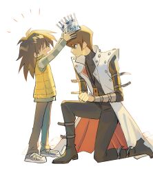 Rule 34 | 2boys, arm strap, arms up, black footwear, black hair, black pants, black shirt, blue eyes, blue footwear, blue pants, blue shirt, blush, boots, brothers, brown hair, closed eyes, coat, commentary request, crown, expressionless, from side, full body, happy, highres, holding, holding crown, jewelry, kaiba mokuba, kaiba seto, long hair, long sleeves, male focus, moemoenomori, multiple boys, necklace, on one knee, open mouth, pants, shirt, shoes, short hair, siblings, simple background, sleeveless, sleeveless coat, smile, sneakers, striped clothes, striped shirt, trading card, turtleneck, turtleneck shirt, two-sided coat, two-sided fabric, vambraces, vest, white background, white coat, yellow vest, yu-gi-oh!, yu-gi-oh! duel monsters
