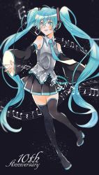 Rule 34 | 1girl, anniversary, bare shoulders, beamed eighth notes, black skirt, blue eyes, blue hair, blue necktie, blurry, curly hair, dark background, depth of field, detached sleeves, eighth note, flat sign, full body, grey shirt, hair between eyes, happy, hatsune miku, highres, long hair, looking away, minazuki (0038), musical note, necktie, open mouth, quarter note, sharp sign, shirt, simple background, skirt, sleeveless, sleeveless shirt, smile, solo, standing, thighhighs, thighs, treble clef, twintails, very long hair, vocaloid