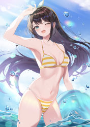 Rule 34 | 1girl, absurdres, aqua eyes, armpits, bikini, black hair, blue eyes, blush, bow, breasts, brown hair, hair ornament, highres, hololive, long hair, looking at viewer, matsumoto yuu, medium breasts, navel, one eye closed, oozora subaru, oozora subaru (hololive summer 2019), open mouth, partially submerged, smile, solo, striped bikini, striped clothes, swimsuit, virtual youtuber, water drop