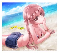 Rule 34 | 1girl, 2014, absurdres, artist name, ass, beach, bikini, bikini under clothes, bracelet, breasts, brown eyes, brown hair, cleavage, cloud, dated, day, denim, denim shorts, head rest, highres, jewelry, long hair, lying, mu-., ocean, on stomach, original, outdoors, sandals, unworn sandals, short shorts, shorts, side-tie bikini bottom, sky, small breasts, smile, solo, swimsuit, swimsuit under clothes, twintails