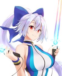 Rule 34 | 1girl, blue bow, blue one-piece swimsuit, bow, breasts, competition swimsuit, dual wielding, energy sword, fate/grand order, fate (series), hair between eyes, hair bow, highres, holding, large breasts, long hair, looking at viewer, one-piece swimsuit, ponytail, red eyes, silver hair, smile, solo, swimsuit, sword, tohoho (hoshinoyami), tomoe gozen (fate), tomoe gozen (swimsuit saber) (fate), tomoe gozen (swimsuit saber) (first ascension) (fate), two-tone swimsuit, weapon, white one-piece swimsuit, wristband