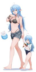 Rule 34 | 2girls, :d, absurdres, ahoge, arurire, bare legs, barefoot, bikini, black bikini, blue hair, breasts, commentary, cutoffs, daifuku (yukihana lamy), denim, denim shorts, feet, flower, full body, hair between eyes, hair flower, hair ornament, heart, heart ahoge, highres, holding hands, hololive, ice cream cone, legs, long hair, medium breasts, mother and daughter, multiple girls, navel, one-piece swimsuit, open mouth, pointy ears, short shorts, shorts, simple background, smile, swimsuit, symbol-only commentary, time paradox, toes, tongue, tongue out, virtual youtuber, walking, white background, yellow eyes, yukihana lamy