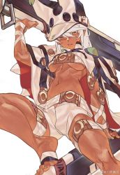 Rule 34 | 1girl, bad id, bad pixiv id, barefoot, belt, belt bra, breasts, cape, clover, dark-skinned female, dark skin, floating, floating object, floating sword, floating weapon, four-leaf clover, guilty gear, guilty gear xrd, hair between eyes, hand wraps, hat, highres, huge weapon, long hair, looking at viewer, loose belt, medium breasts, navel, orange eyes, platinum blonde hair, ramlethal valentine, short shorts, shorts, solo, sword, thigh strap, toenails, toes, underboob, weapon, white background, white cape, white shorts, xu sanchuan