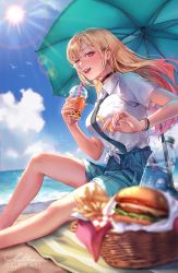 Rule 34 | 1girl, artist name, basket, beach, beach umbrella, bead bracelet, beads, bird, black choker, blonde hair, bloom, blue necktie, blue skirt, blue sky, blurry, blurry foreground, bottle, bracelet, breasts, bubble tea, burger, celtisart, choker, cloud, cloudy sky, collared shirt, colored tips, commentary, cup, day, disposable cup, drink, drinking straw, ear piercing, earrings, english commentary, feet out of frame, food, french fries, from side, gradient hair, highres, holding, holding drink, holding food, jewelry, kitagawa marin, large breasts, looking at viewer, multicolored hair, nail polish, necktie, ocean, on floor, one eye closed, open mouth, outdoors, piercing, pink eyes, pink hair, plaid, plaid skirt, pleated skirt, sand, school uniform, seagull, shirt, short sleeves, signature, sitting, skirt, sky, smile, solo, sono bisque doll wa koi wo suru, summer, sun, sunlight, swept bangs, teeth, thighs, tied shirt, umbrella, upper teeth only, water bottle, white shirt