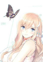 Rule 34 | 1girl, absurdres, bao-chai (tony taka), bare shoulders, blonde hair, blue eyes, blush, breasts, bug, butterfly, closed mouth, frills, hair ornament, highres, insect, long hair, looking at viewer, medium breasts, original, scan, shiny skin, simple background, sleeveless, smile, solo, tony taka, upper body, white background, wings