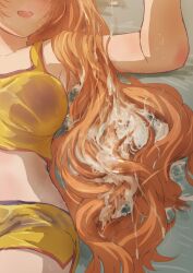 Rule 34 | 1girl, absurdres, armpits, bare shoulders, breasts, bukkake, cheerleader, close-up, commission, crop top, cum, cum on hair, cum pool, cum string, cumdrip, foreshortening, highres, huge filesize, idolmaster, idolmaster cinderella girls, large breasts, long hair, miniskirt, open mouth, orange hair, out of frame, pixiv commission, skirt, smile, solo focus, stained sheets, sweat, tomawarinosuizou, very long hair, wakabayashi tomoka
