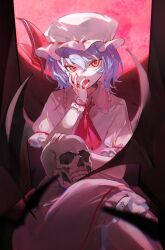 Rule 34 | 1girl, amari, ascot, bat wings, blood, blood on hands, commentary request, dress, feet out of frame, hat, hat ribbon, highres, holding, holding skull, licking blood, looking at viewer, mob cap, moon, open mouth, pink dress, pointy ears, puffy short sleeves, puffy sleeves, purple hair, red ascot, red eyes, red moon, red nails, red ribbon, remilia scarlet, ribbon, short hair, short sleeves, sitting, skull, solo, tongue, tongue out, touhou, white hat, wings, wrist cuffs