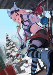 Rule 34 | 1girl, :d, absurdres, animal hat, arknights, bauble, bell, black gloves, black shorts, black thighhighs, blue bow, blue bowtie, blue jacket, boots, bow, bowtie, brown hair, cardigan (arknights), cardigan (cheerful guardian) (arknights), christmas, christmas ornaments, christmas present, christmas tree, cropped jacket, foot out of frame, gift, gloves, hat, highres, jacket, looking at viewer, multicolored clothes, multicolored hair, multicolored jacket, natsuba002, neck bell, official alternate costume, open mouth, outdoors, pink eyes, running, shorts, smile, snowman, solo, streaked hair, striped clothes, striped thighhighs, teeth, thighhighs, two-tone jacket, upper teeth only, white footwear, white jacket, white thighhighs