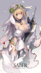 Rule 34 | 10s, 1girl, aestus estus, blonde hair, breasts, bridal veil, chain, character name, cleavage, detached sleeves, fate/extra, fate/extra ccc, fate (series), garter straps, gloves, gradient background, green eyes, grey background, hair intakes, holding, holding sword, holding weapon, large breasts, light smile, lock, looking at viewer, nero claudius (bride) (fate), nero claudius (bride) (second ascension) (fate), nero claudius (fate), nero claudius (fate) (all), padlock, parted lips, puffy sleeves, ritsuki, showgirl skirt, sidelocks, solo, sword, thighhighs, veil, weapon, white gloves, white thighhighs, zipper