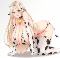 Rule 34 | 1girl, all fours, animal ears, animal print, bare shoulders, bell, bikini, black collar, blonde hair, blue eyes, breasts, cerestia of life, cleavage, collar, cow ears, cow girl, cow horns, cow print, cow print bikini, cow print sleeves, cow print thighhighs, depp3, elbow gloves, fake animal ears, fake horns, fake tail, full body, gloves, hanging breasts, highres, horns, huge breasts, last origin, long hair, looking at viewer, neck bell, open mouth, print bikini, print thighhighs, simple background, smile, solo, swimsuit, tail, thighhighs, very long hair, white background, white bikini, white gloves, white thighhighs