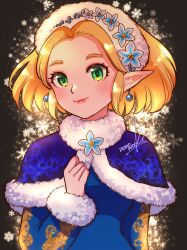 Rule 34 | 1girl, black background, blonde hair, blue capelet, blue shirt, blush, capelet, fur hairband, fur trim, green eyes, hand on own chest, highres, long sleeves, looking at viewer, nintendo, nonoworks, parted bangs, pointy ears, princess zelda, shirt, short hair, sidelocks, signature, smile, solo, the legend of zelda, the legend of zelda: breath of the wild, upper body, winter clothes