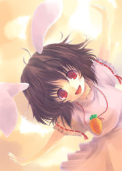 Rule 34 | 1girl, animal ears, bad id, bad pixiv id, black hair, rabbit ears, carrot, carrot necklace, dutch angle, female focus, inaba tewi, jewelry, looking at viewer, necklace, okotan (dewdrops), open mouth, outstretched arms, pendant, red eyes, short hair, short sleeves, smile, solo, touhou