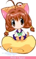 Rule 34 | 1girl, animal ears, animal hat, antenna hair, bad id, blue sailor collar, blue skirt, blush stickers, border, brown eyes, brown hair, cat ears, cat hat, cat tail, chibi, chibi only, closed eyes, collared shirt, commentary, copyright name, crying, di gi charat, dot mouth, dress shirt, expressionless, fake animal ears, full body, gema, green neckerchief, hair between eyes, hair bobbles, hair ornament, hat, head tilt, long hair, long sleeves, looking at viewer, low twintails, neckerchief, orange socks, pink border, pleated skirt, puchiko, puddle, sailor collar, school uniform, serafuku, shirt, simple background, sitting, sitting on person, skirt, socks, solo, streaming tears, tail, tears, twintails, white background, white border, white shirt, yamamura hiroki