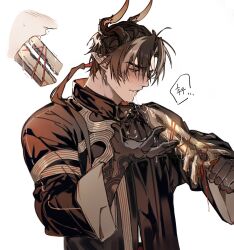 Rule 34 | 1boy, arknights, arm tattoo, black jacket, blush, brown hair, chong yue (arknights), collared jacket, dragon boy, dragon horns, drooling, earrings, from side, gyulseu, hand up, head down, highres, holding, holding weapon, horns, jacket, jewelry, light frown, looking down, low ponytail, male focus, multicolored hair, parted bangs, parted lips, pointy ears, red eyes, saliva, saliva trail, simple background, solo, streaked hair, sweatdrop, tattoo, upper body, weapon, weapon in mouth
