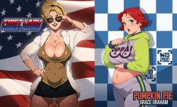 Rule 34 | 2girls, 3d, american flag, animal ears, black hairband, blonde hair, bracelet, breasts, character name, cleavage, coat, commentary, covered navel, crisisbeat, cropped hoodie, dress, english commentary, fur coat, green eyes, groin, hairband, hood, hoodie, jewelry, large breasts, lipstick, makeup, multiple girls, navel, necklace, open mouth, oppai hoodie, original, pants, pantyhose, plump, red hair, short dress, short hair, smile, star (symbol), star necklace, sunglasses, sweatpants