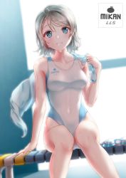 Rule 34 | 1girl, artist logo, bench, blue eyes, breasts, collarbone, commentary request, competition swimsuit, covered navel, dutch angle, feet out of frame, grey hair, highleg, highleg swimsuit, highres, looking at viewer, love live!, love live! sunshine!!, medium breasts, one-piece swimsuit, short hair, sitting, solo, swimsuit, toine, towel, watanabe you, wet, white one-piece swimsuit, white towel