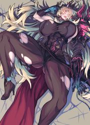 Rule 34 | 10den, 1girl, abs, absurdres, asymmetrical clothes, asymmetrical gloves, black footwear, black panties, blonde hair, bodystocking, breasts, brick floor, chain, commission, earrings, barghest (fate), barghest (second ascension) (fate), fate/grand order, fate (series), gloves, gluteal fold, heterochromia, high heels, highres, horns, huge breasts, jewelry, long hair, lying, muscular, muscular female, narrow waist, on back, open mouth, panties, skeb commission, thighs, torn clothes, underwear, uneven gloves, very long hair