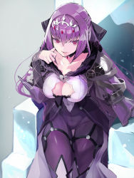 Rule 34 | 1girl, bodysuit, breasts, cleavage, cleavage cutout, clothing cutout, commentary request, fate/grand order, fate (series), fur trim, grey background, hair between eyes, highres, jewelry, large breasts, long hair, looking at viewer, purple hair, red eyes, scathach (fate), scathach skadi (fate), scathach skadi (second ascension) (fate), sitting, smile, solo, taishi (picchiridou), throne, tiara