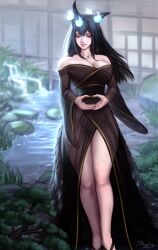 Rule 34 | 1girl, artist name, bare shoulders, black hair, breasts, cleavage, closed mouth, feet out of frame, kitsune, large breasts, long hair, looking at viewer, magic, obi, off shoulder, original, outdoors, own hands together, sash, sleepingsol, smile, solo, water