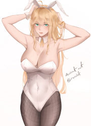 Rule 34 | 1girl, ahoge, animal ears, arms up, artoria pendragon (fate), artoria pendragon (lancer) (fate), bad id, bad pixiv id, bare arms, bare shoulders, black pantyhose, blonde hair, breasts, cleavage, commentary, covered navel, cowboy shot, fake animal ears, fate/grand order, fate (series), fishnet pantyhose, fishnets, green eyes, highres, large breasts, leotard, long hair, looking at viewer, pantyhose, playboy bunny, rabbit ears, rifu (643763873), simple background, solo, standing, strapless, strapless leotard, very long hair, white background, white leotard
