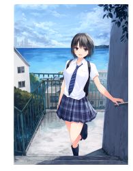 Rule 34 | 1girl, absurdres, aoyama sumika, backpack, bag, black hair, blue sky, boots, breast pocket, breasts, brown eyes, cloud, cloudy sky, coffee-kizoku, day, full body, highres, leg up, looking at viewer, medium breasts, necktie, ocean, open mouth, original, pocket, rubber boots, scan, school uniform, shirt, short hair, short sleeves, simple background, skirt, sky, smile, solo, stairs, watch, water, wristwatch