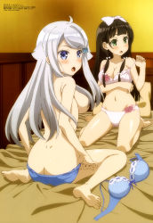 Rule 34 | 10s, 2girls, absurdres, ahoge, aoki shinpei (animator), ass, barefoot, bed sheet, black hair, blue bra, blue panties, blunt bangs, blush, bow, bra, breast hold, breasts, butt crack, cleavage, collarbone, copyright name, dimples of venus, feet, floating hair, full body, green eyes, groin, hair bow, hair over breasts, hair over one breast, highres, hime cut, imouto sae ireba ii, indoors, kani nayuta, long hair, looking back, medium breasts, mikuniyama kaiko, multi-tied hair, multiple girls, navel, official art, open mouth, panties, panty pull, pillow, sideboob, silver hair, soles, striped bra, striped clothes, toes, topless, underwear, underwear only, undressing, unworn bra, vertical-striped bra, vertical-striped clothes, very long hair, white bow, white bra, white panties