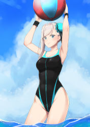 Rule 34 | 1girl, absurdres, armpits, asymmetrical hair, ball, beachball, black one-piece swimsuit, black ribbon, blue eyes, blue sky, blush, breasts, cleavage, closed mouth, cloud, collarbone, competition swimsuit, cowboy shot, day, fate/grand order, fate (series), hair bun, hair ribbon, highleg, highleg swimsuit, highres, holding, holding ball, k-ya., long hair, medium breasts, miyamoto musashi (fate), miyamoto musashi (fate/grand order), miyamoto musashi (swimsuit berserker) (fate), miyamoto musashi (swimsuit berserker) (first ascension) (fate), one-piece swimsuit, outdoors, ribbon, silver hair, single hair bun, sky, smile, solo, standing, swept bangs, swimsuit, transparent, wading, wristband