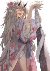 Rule 34 | 1girl, :d, areola slip, bad id, bad pixiv id, blonde hair, breasts, fangs, floral print, fundoshi, hair between eyes, hair ribbon, highres, horns, japanese clothes, kimono, long hair, looking at viewer, oni, oni girl, open mouth, original, osobachan, pointy ears, ribbon, simple background, smile, solo, teeth, weapon, white background, yellow eyes