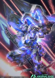 Rule 34 | absurdres, axe, blue eyes, flying, gas1, glowing, glowing eye, gundam, gundam arsenal base, gundam unicorn, highres, holding, holding axe, looking up, mecha, nt-d, official art, open hand, robot, science fiction, solo, unicorn gundam, unicorn gundam perfectibility, v-fin