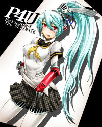 Rule 34 | 1girl, android, aqua hair, atlus, blue hair, blush, houndstooth, joints, knee pads, labrys (persona), long hair, miniskirt, persona, persona 4: the ultimate in mayonaka arena, pleated skirt, ponytail, red eyes, robot, robot joints, school uniform, segami daisuke, serafuku, skirt, solo, tears, thighhighs, very long hair