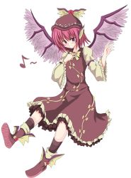 Rule 34 | 1girl, animal ears, blush, dress, female focus, hand on own chest, hat, korican, music, musical note, mystia lorelei, pink hair, quaver, red eyes, short hair, simple background, singing, smile, solo, touhou, white background, wide sleeves, wings