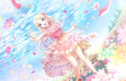 Rule 34 | 1girl, :d, ahoge, armpits, blonde hair, blue eyes, blue hair, blue sky, breasts, cloud, cross-laced clothes, cross-laced dress, dress, dutch angle, falling flower, field, flower, flower field, frilled dress, frills, game cg, gradient hair, highres, layered dress, light blue hair, link! like! love live!, long hair, looking at another, love live!, multicolored hair, official art, open mouth, osawa rurino, pink dress, pink flower, see-through dress layer, short dress, sky, small breasts, smile, solo, third-party source, virtual youtuber, yellow flower, yours ever (love live!)