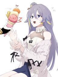 Rule 34 | 2girls, alternate hair color, black gloves, blonde hair, blue hair, blue shorts, c uino, choker, earrings, fu hua, fu hua (herrscher of sentience), gloves, grey hair, hair between eyes, hair ornament, hairpin, highres, holding, holding ice cream cone, honkai (series), honkai impact 3rd, ice cream cone, jacket, jewelry, looking at another, multicolored hair, multiple girls, off-shoulder jacket, off shoulder, open clothes, open jacket, open mouth, shirt, shorts, simple background, solo focus, streaked hair, white background, white choker, white jacket, white shirt
