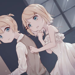 Rule 34 | 1boy, 1girl, adolescence (vocaloid), bare arms, bare shoulders, blonde hair, blue eyes, brother and sister, camisole, clothes grab, dutch angle, frilled camisole, frills, hair ornament, hairclip, hand on own chin, jacket grab, kagamine len, kagamine rin, light particles, looking back, night, parted lips, sazanami (ripple1996), scared, short hair, short ponytail, siblings, sleepwear, sleeveless, sleeveless jacket, spaghetti strap, teardrop, tears, twins, vocaloid, white camisole, window